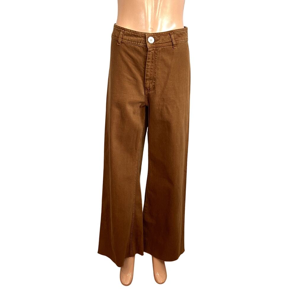 Zara Premium Brown Marine Straight Denim Pants 6 Raw Hem Minimalist Earthy Boho